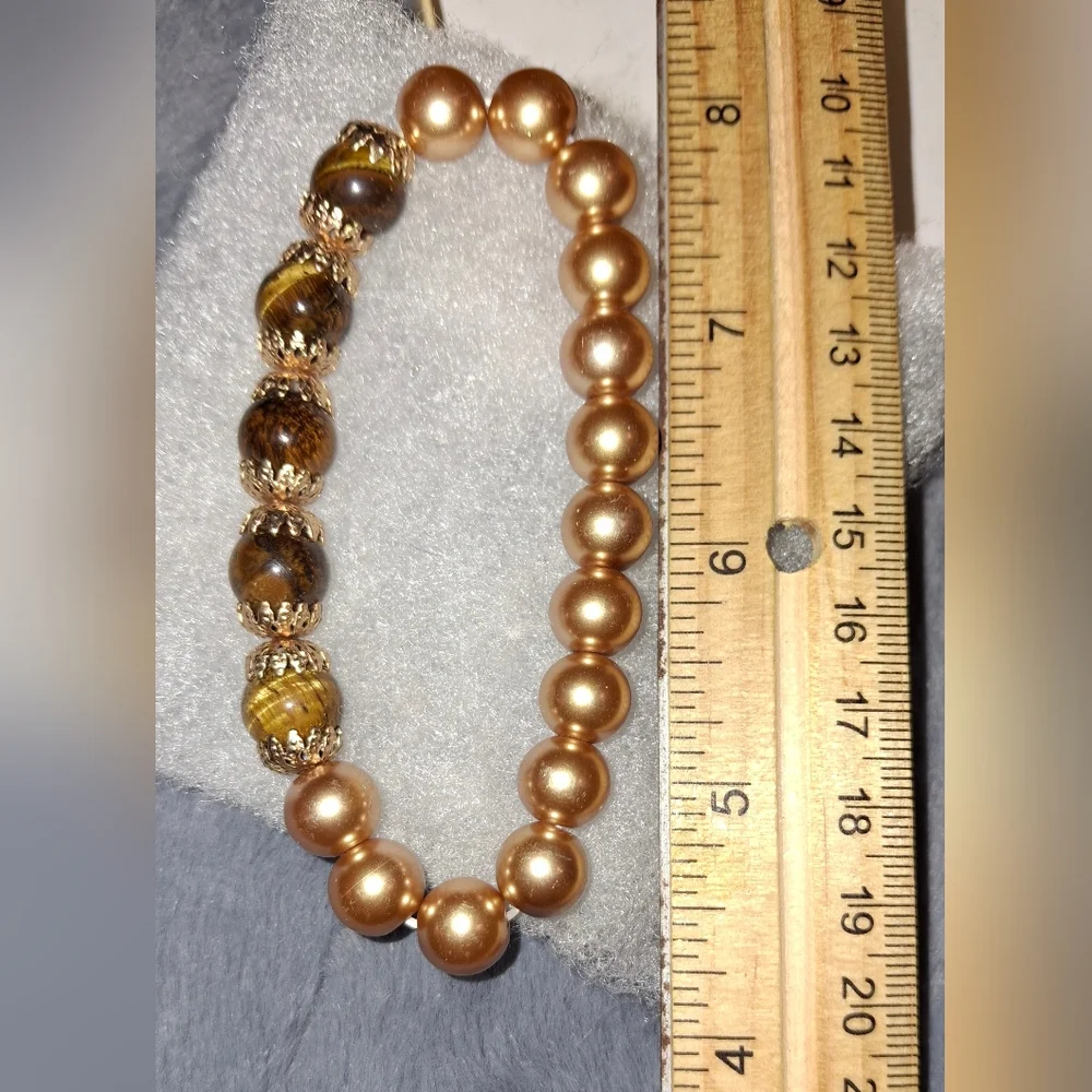 Set Tigers Eye Gold Faux Pearl Stretch Beaded Bracelet And Dangle Earrings